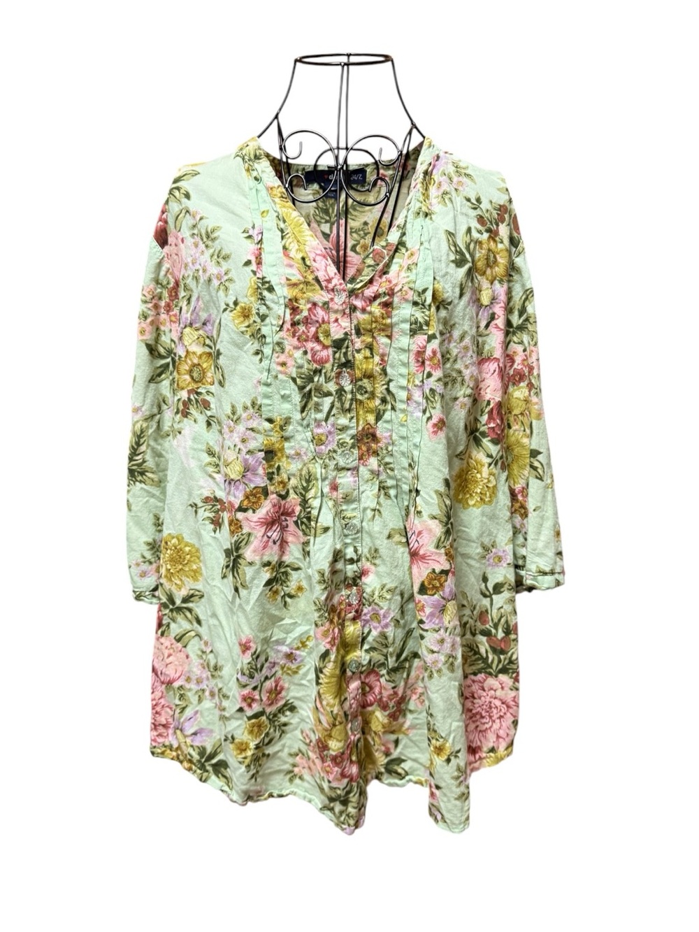 Floral V-Neck Cotton Tunic Top - Mint Green